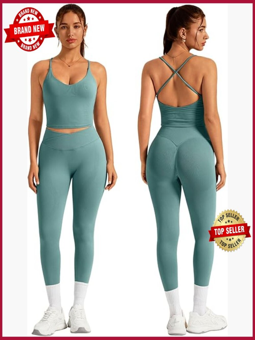 2 Piece Seamless Workout Sets Strappy Tank Tops Crossover Waist Leggings Gym